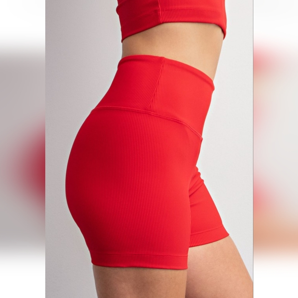 🍒 LAST ONE Valentine's Cherry Red Ribbed Workout Shorts - Picture 3 of 5